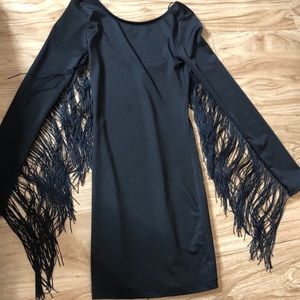 LBD black long sleeve fringe dress